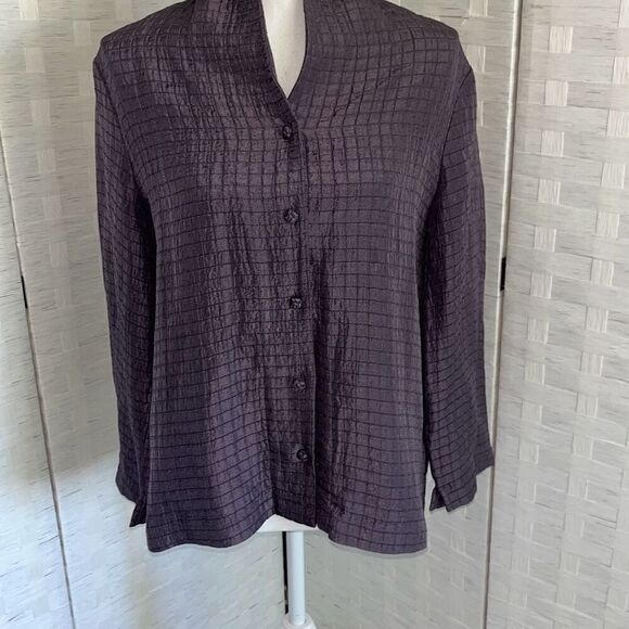 Eileen Fisher Silk Linen 3/4 Sleeve Check Jacket Purple Women’s Medium - Picture 1 of 16